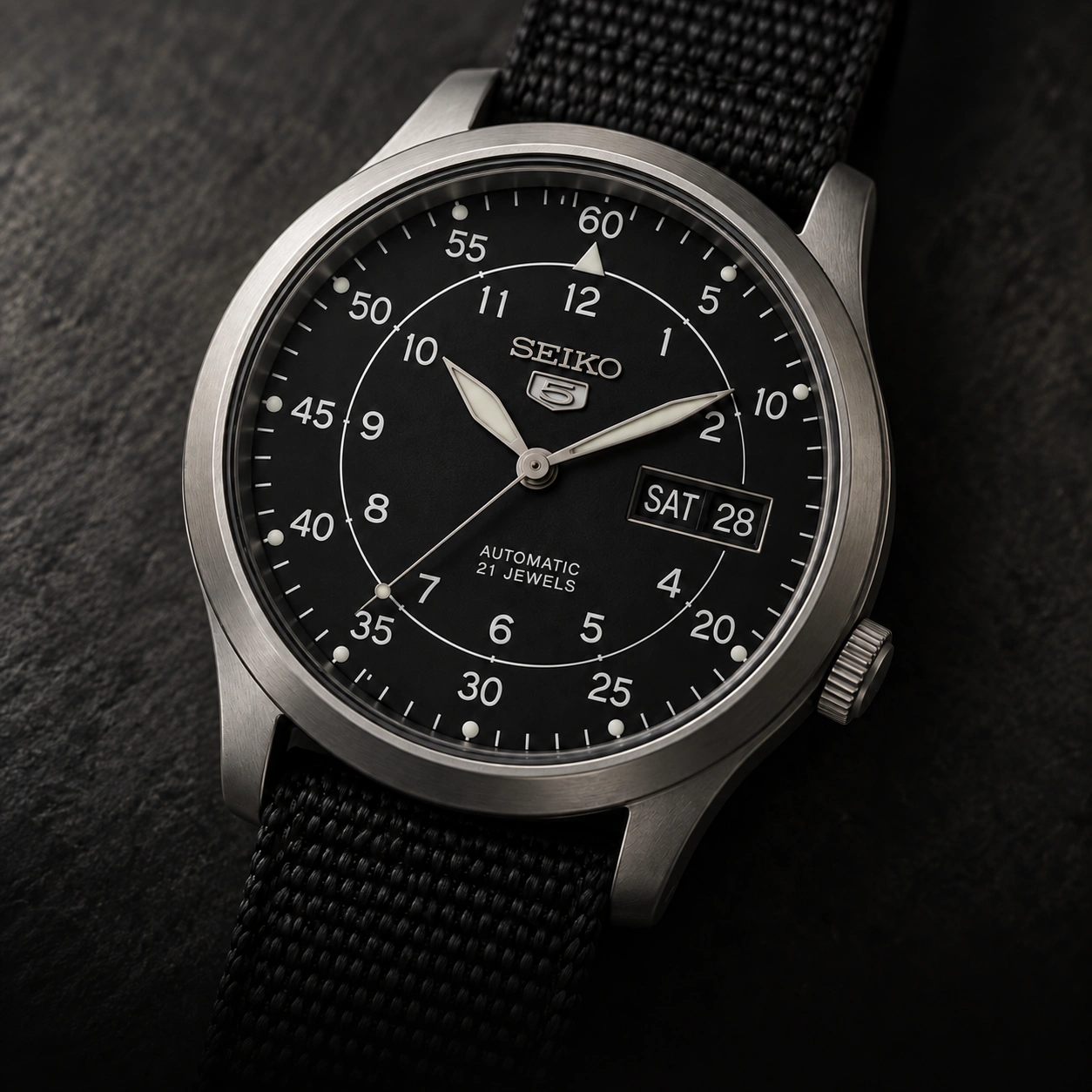 Seiko 5 SNK809 field watch — editorial illustration