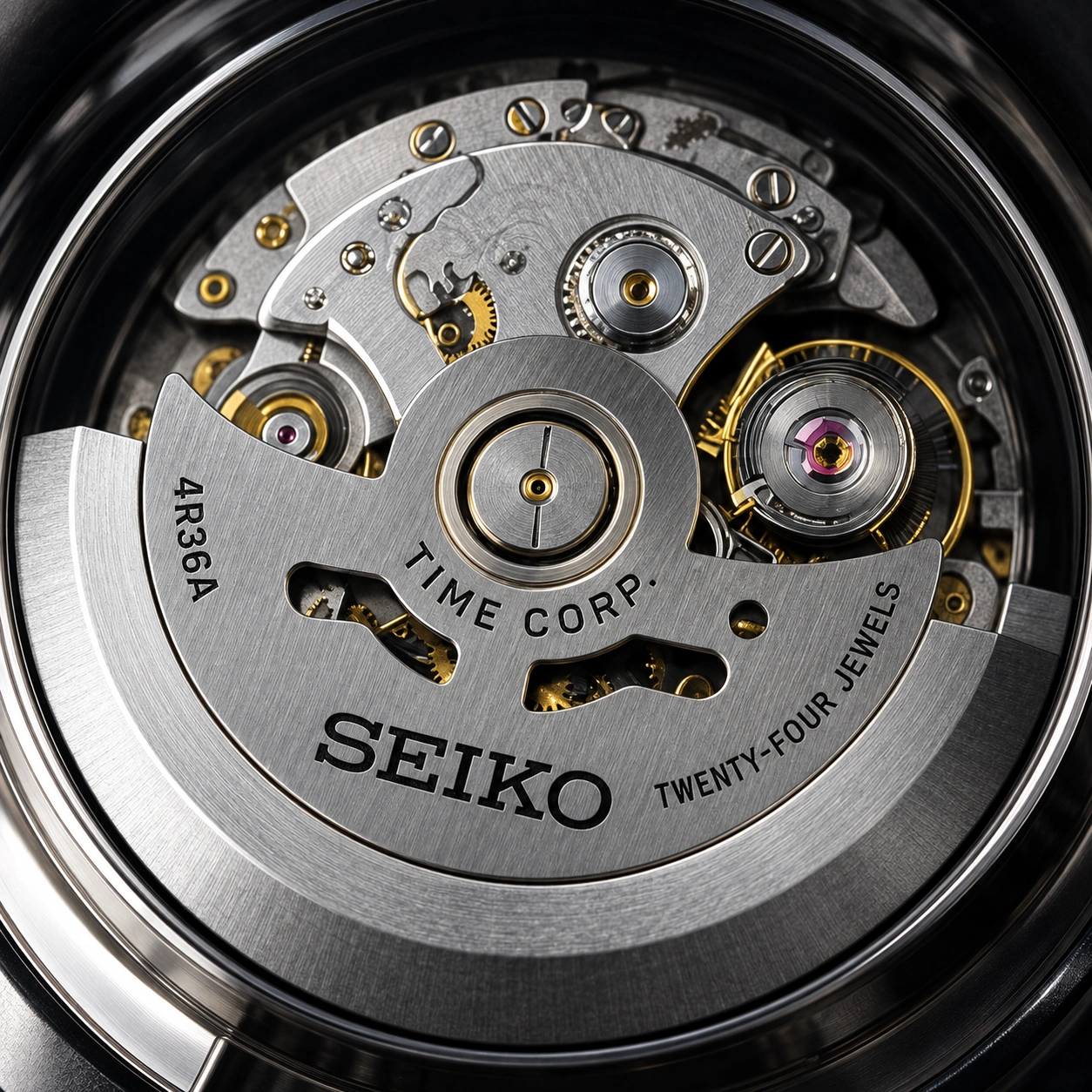 Editorial illustration of an automatic watch movement with clear Seiko and 4R36A rotor lettering